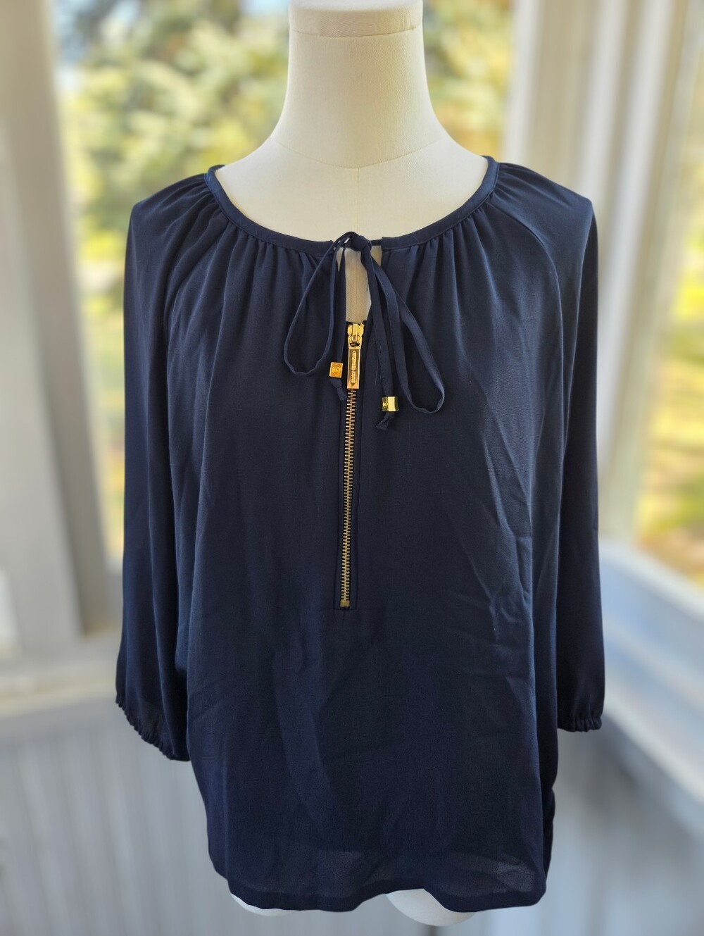 Michael Kors Navy Blue Gold-Zip Peasant Blouse | Size M